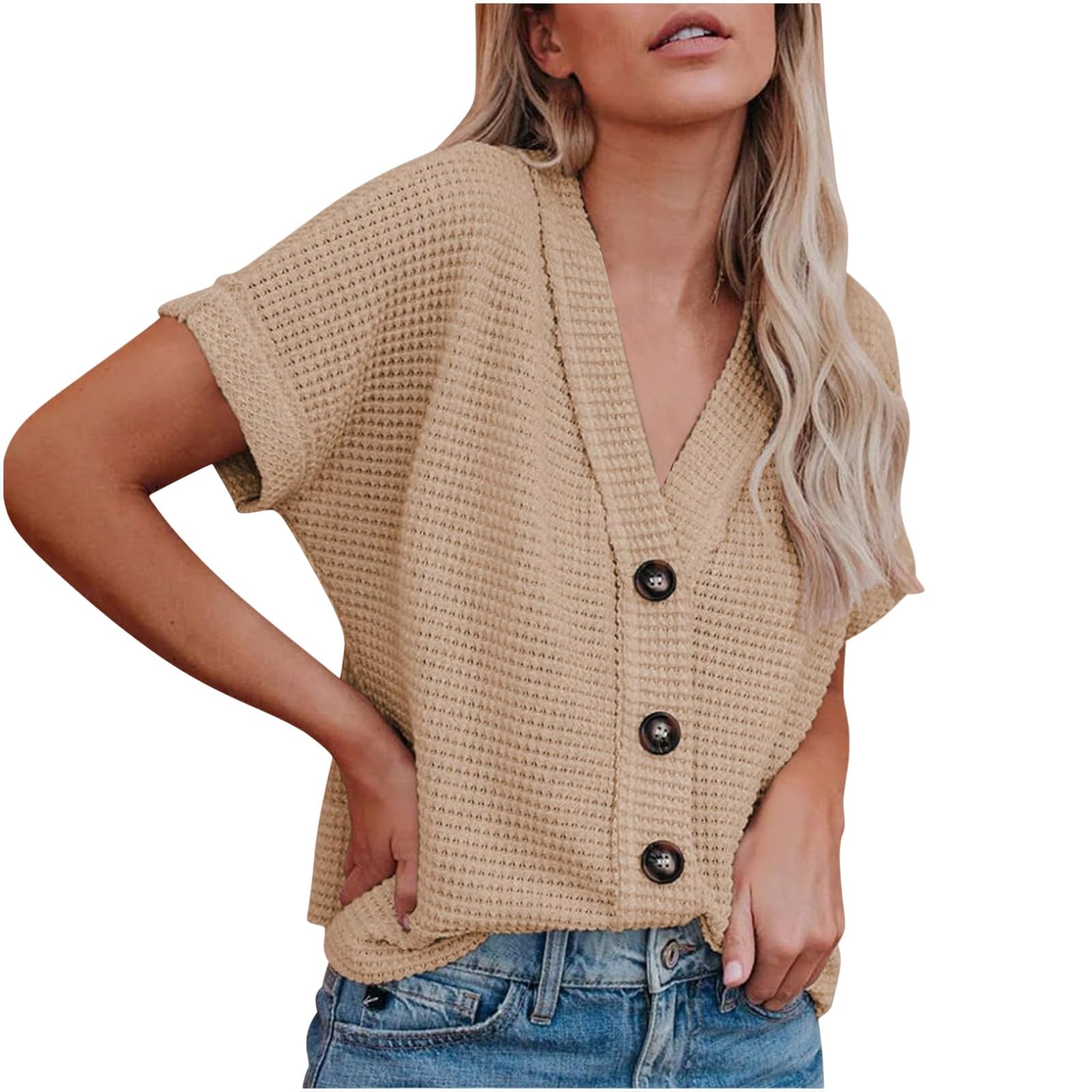 KAJXZ Women's Short Sleeve Waffle Knit Button Down Shirt Summer Casual V Neck Loose Fit Solid Color Tops
