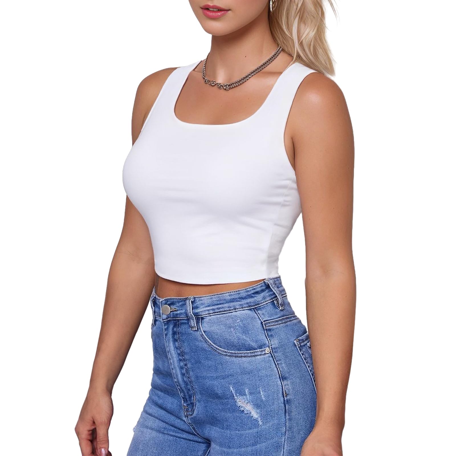 AURUZA Women's Double Lined Crop Tops U-Neck Workout Tank Top Sleeveless Going Out Shirt