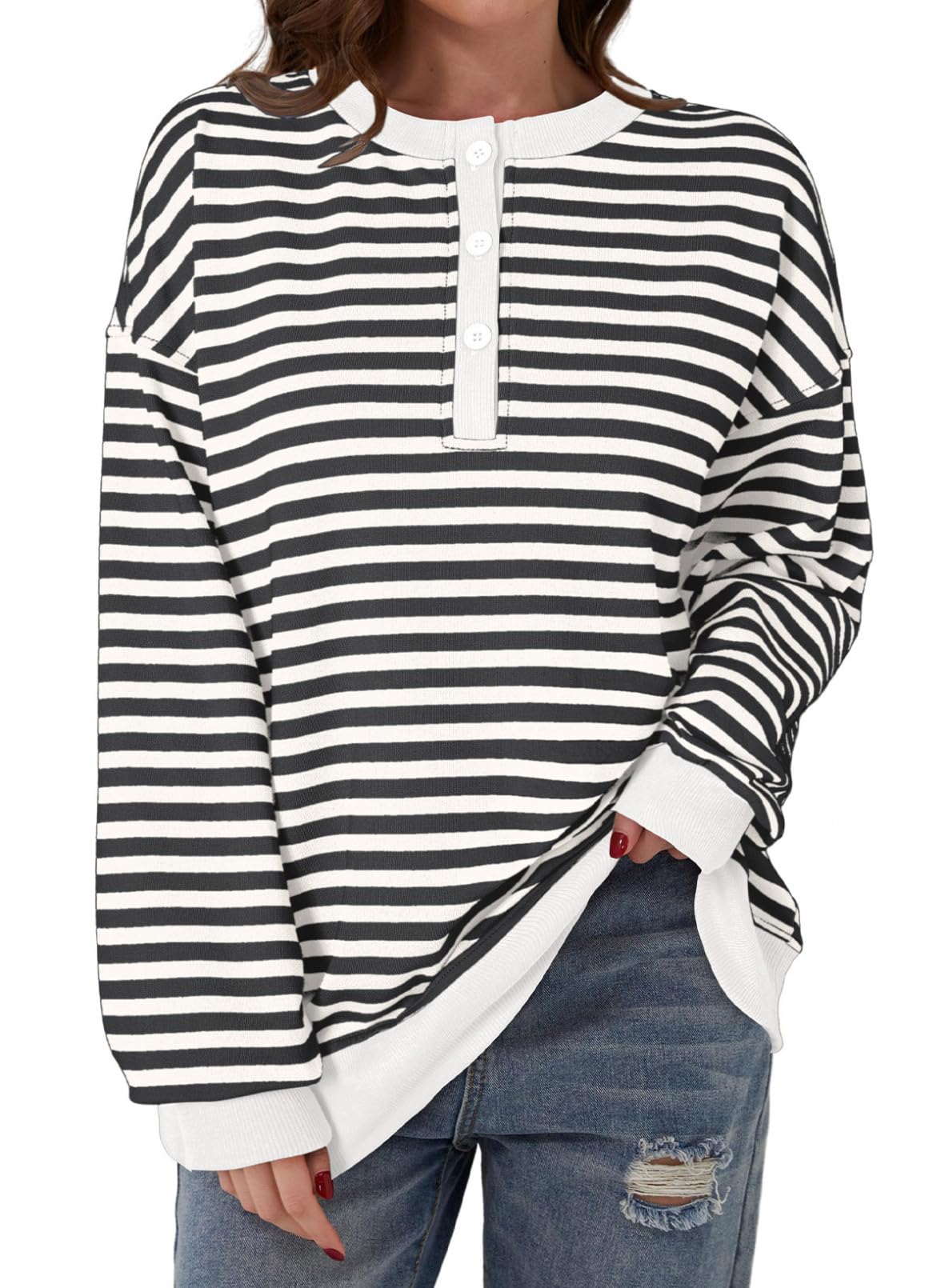Dokotoo Women's Casual Oversized Striped Sweatshirt Long Sleeve Shirts Tunic Tops Trendy Color Block Styles